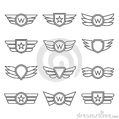Wings line icon set. Winged logo and emblem collection. Company, army or aviation wing badges. Vector illustration. Vector Illustration